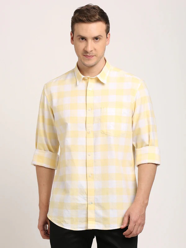 Indian Terrain Men's Regular Fit Full Sleeve Checkered Yellow Shirt